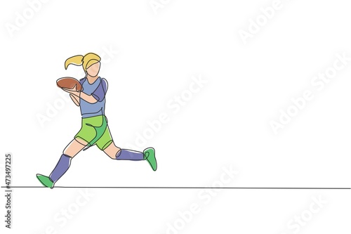 One continuous line drawing young rugby player run and catch the ball. Competitive aggressive sport concept. Dynamic single line draw design vector graphic illustration for tournament promotion poster