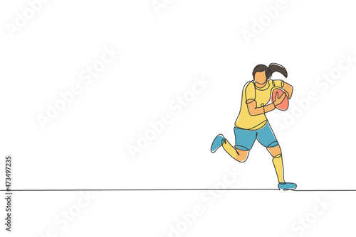 Single continuous line drawing young agile female rugby player holding the ball. Competitive sport concept. Trendy one line draw graphic design vector illustration for rugby tournament promotion media