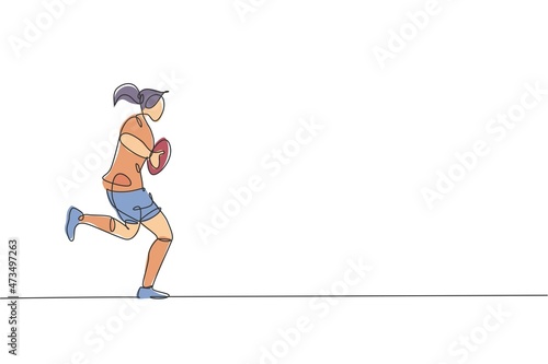 Single continuous line drawing of young agile rugby player running and holding the ball. Competitive sport concept. Trendy one line draw design vector illustration for rugby tournament promotion media