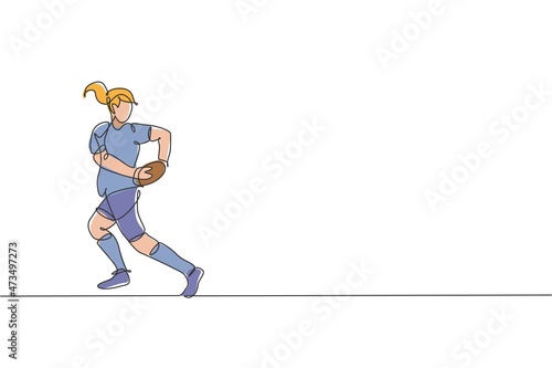 One continuous line drawing of young rugby player catch the ball and avoid opponent. Competitive aggressive sport concept. Dynamic single line draw design vector illustration for tournament promotion © Simple Line