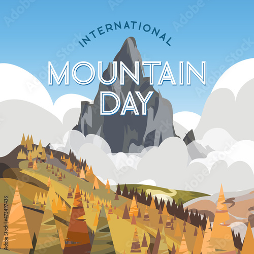 International Mountain Day Vector card. Illustration for greeting card, poster and social media. December 11. Autumn landscape