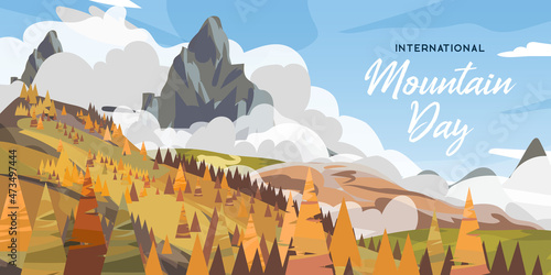 International Mountain Day Vector banner. Illustration for greeting card, poster and social media. December 11. Autumn landscape