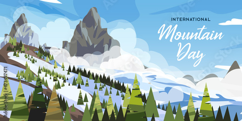 International Mountain Day Vector banner. Illustration for greeting card, poster and social media. December 11. Winter landscape