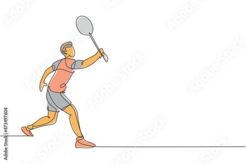 One continuous line drawing of young badminton player hit shuttlecock with racket. Competitive sport concept. Dynamic single line draw design vector illustration for tournament match promotion poster