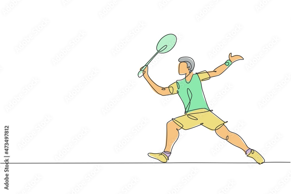One single line drawing young energetic badminton player take a hit from opponent graphic vector illustration. Healthy sport concept. Modern continuous line draw design for badminton tournament poster