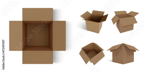 Set of realistic cardboard brown delivery boxes with shadow or postal parcel packaging isolated on white background. Open box. Top view. Vector illustration © Maksym Kravchenko