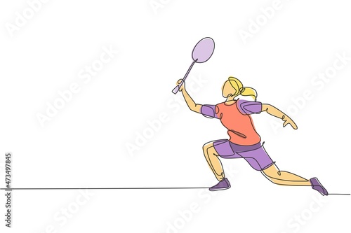 One single line drawing of young energetic badminton player jumping and smash shuttlecock vector illustration. Healthy sport concept. Modern continuous line draw design for badminton tournament poster © Simple Line