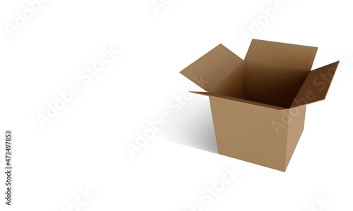 Realistic cardboard brown delivery box with shadow isolated on white background. Open box. Vector illustration