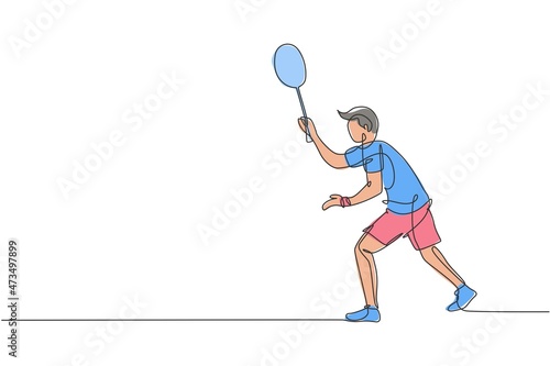 Single continuous line drawing of young agile badminton player wait for opponent serve. Competitive sport concept. Trendy one line draw design vector illustration for badminton tournament publication © Simple Line