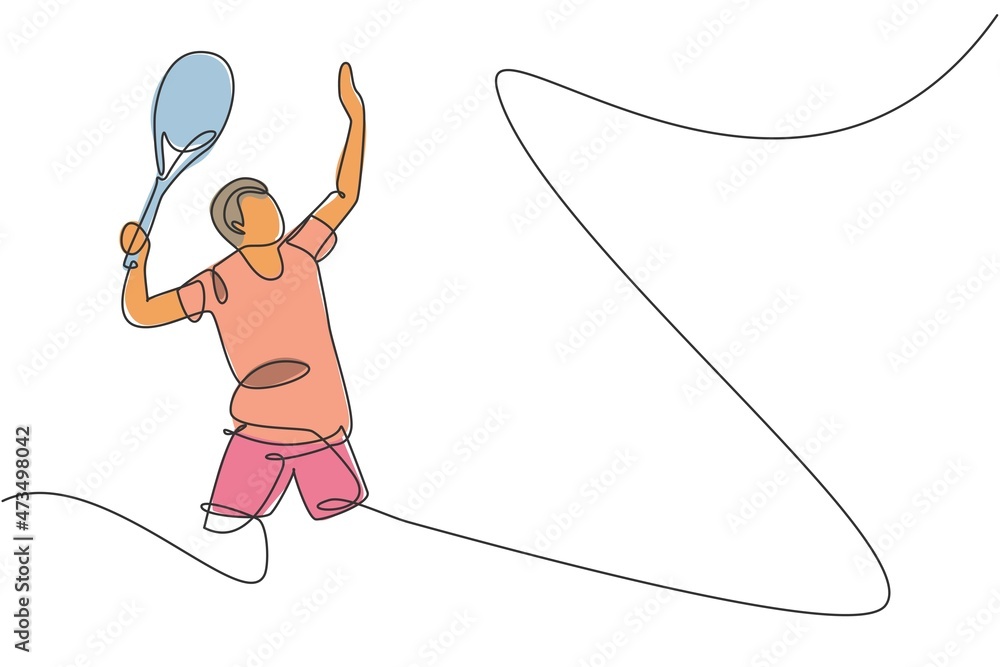 Obraz premium Single continuous line drawing of young agile tennis player ready to service the ball. Sport exercise concept. Trendy one line draw design vector illustration for tennis tournament promotion media
