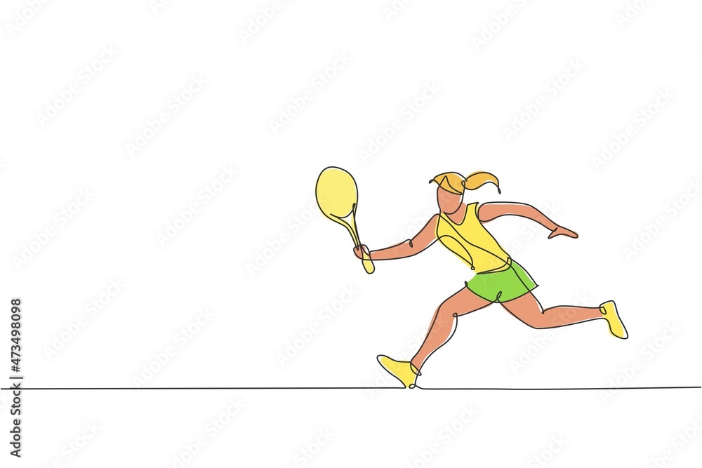 One continuous line drawing young happy woman tennis player run and hit the ball. Competitive sport concept. Dynamic single line draw design vector graphic illustration for tournament promotion poster