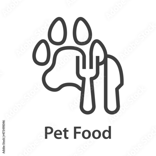 Logotipo con texto Pet Food con zarpa de gato o perro con tenedor y cuchillo con líneas en color gris