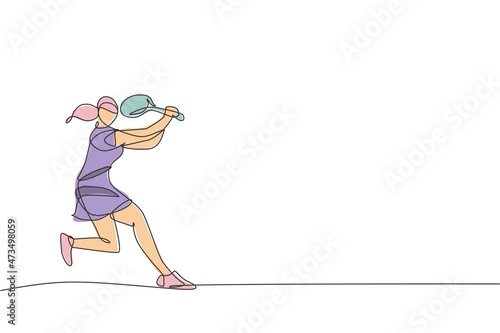One continuous line drawing of young happy female tennis player hit the opponent's ball. Competitive sport concept. Dynamic single line draw design vector illustration for tournament promotion poster