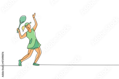 One single line drawing of young energetic woman tennis player ready to hit service ball vector illustration. Sport training concept. Modern continuous line draw design for tennis tournament banner