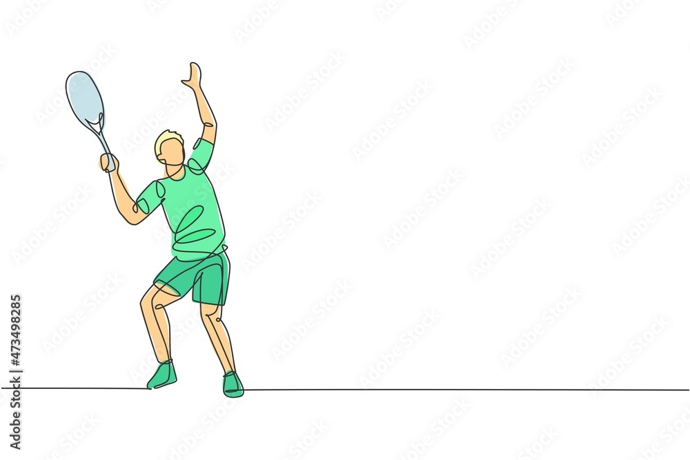 One continuous line drawing of young happy man tennis player prepare to service and hit the ball. Competitive sport concept. Dynamic single line draw design vector illustration for tournament poster