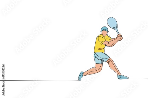 Single continuous line drawing of young agile tennis player prepare to hit opponents ball. Sport exercise concept. Trendy one line draw design vector illustration for tennis tournament promotion media