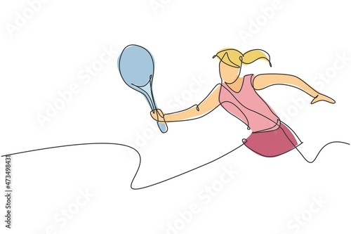 One continuous line drawing of young happy female tennis player run and hit the ball. Competitive sport concept. Dynamic single line draw design vector illustration for tournament promotion poster