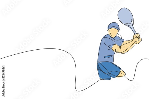 One single line drawing young energetic male tennis player hit the ball graphic vector illustration. Sport training concept. Modern continuous line draw design for tennis tournament banner and poster