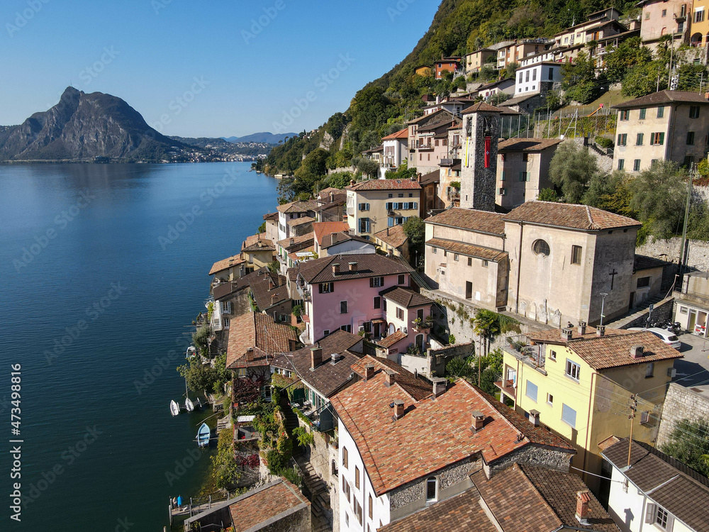 Drone view at Gandria on lake of Lugano in Switzerland