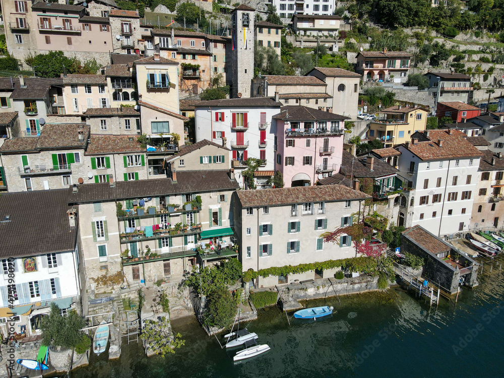Fototapeta premium Drone view at Gandria on lake of Lugano in Switzerland