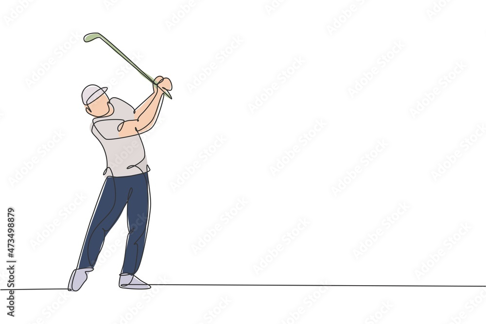 One single line drawing of young sporty golf player hit the ball using golf club vector graphic illustration. Healthy sport concept. Modern continuous line draw design for golf tournament poster