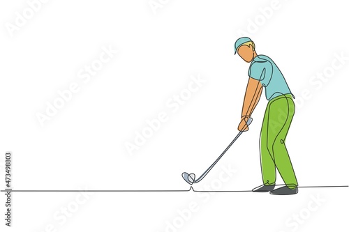 Single continuous line drawing of young happy golf player swing the golf club to hit the ball. Hobby sport concept. Trendy one line draw design vector illustration for golf tournament promotion media