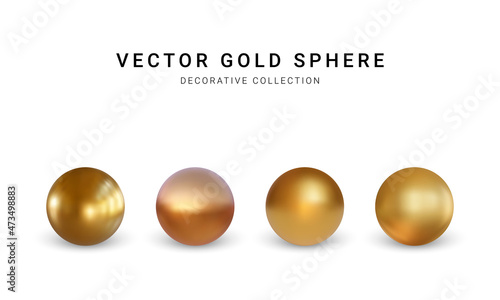 Set of gold sphere with shadow isolated on white background. Collection of oil bubble. Golden glossy 3d ball or precious pearl. Vector illustration