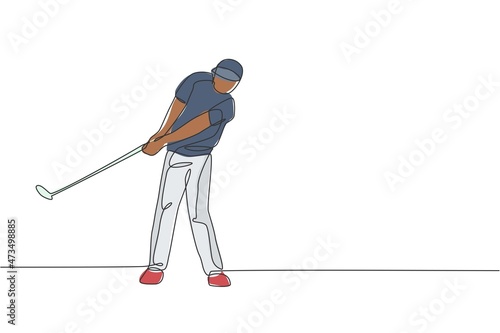 One continuous line drawing of young golf player swing golf club and hit the ball. Leisure sport concept. Dynamic single line draw design vector illustration graphic for tournament promotion media