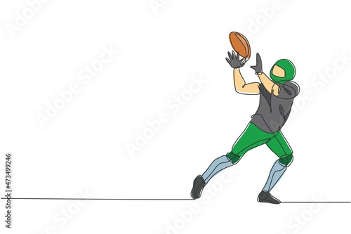 One continuous line drawing young american football player catch the ball from his teammate for competition poster. Sport teamwork concept. Dynamic single line draw design graphic vector illustration © Simple Line