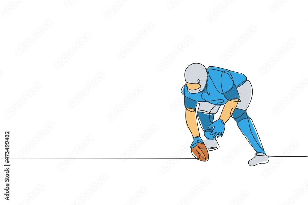Obraz premium One continuous line drawing of sporty american football player stance to pass the ball to his team for competition poster. Sport teamwork concept. Dynamic single line draw design vector illustration