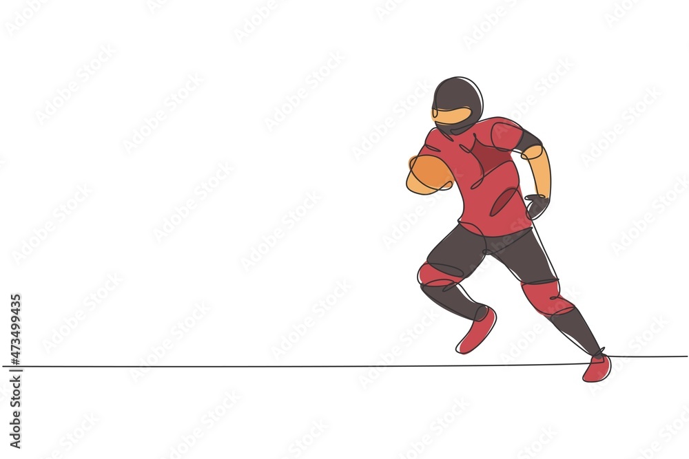 Obraz premium Single continuous line drawing of young agile american football player hold the ball and avoid opponents for competition media. Sport exercise concept. Trendy one line draw design vector illustration