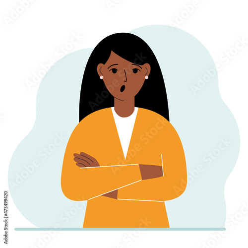 The woman is screaming and upset. The arms are crossed over the chest. Vector
