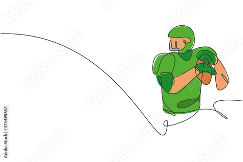 One single line drawing young energetic man american football player ready to pass the ball for his teammates. Sport competition concept. Modern continuous line draw design graphic vector illustration