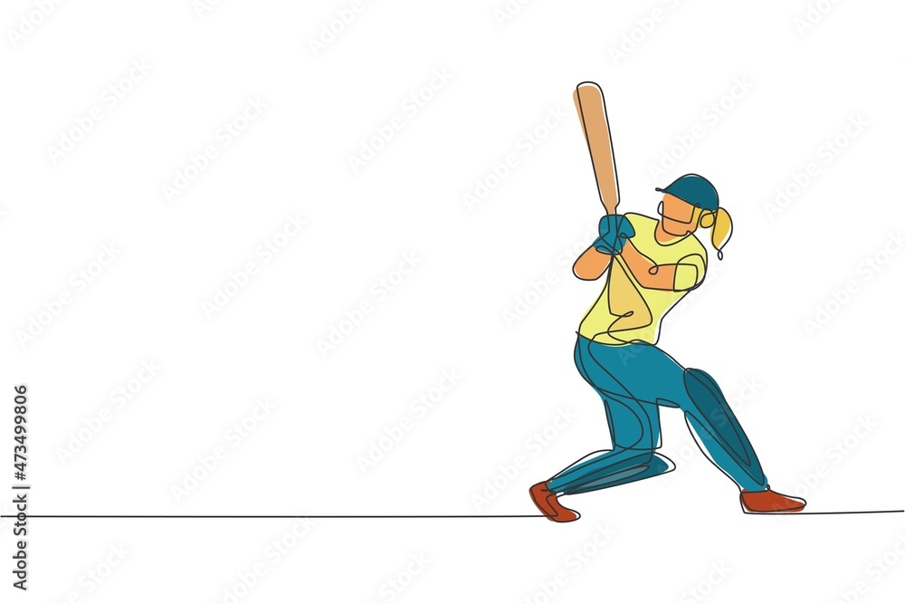 One continuous line drawing of young woman cricket player focus