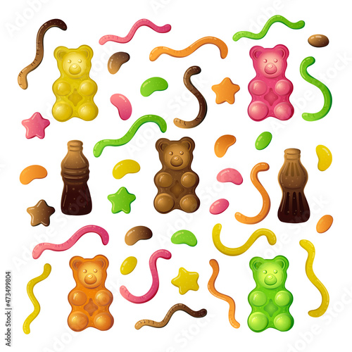 Color k jelly bear cola set on white background. Vector design Isolated illustration. Liquid sweet set.