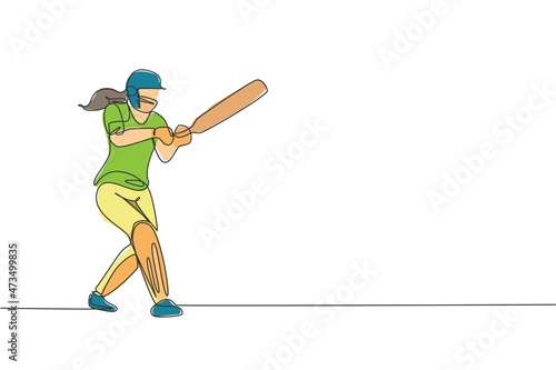 Single continuous line drawing young agile woman cricket player successfully hit the ball vector graphic illustration. Sport exercise concept. Trendy one line draw design for cricket promotion media