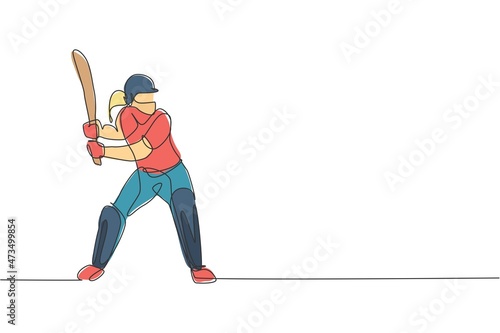 One single line drawing of young energetic woman cricket player stance standing to receive a ball vector illustration. Sport concept. Modern continuous line draw design for cricket competition banner