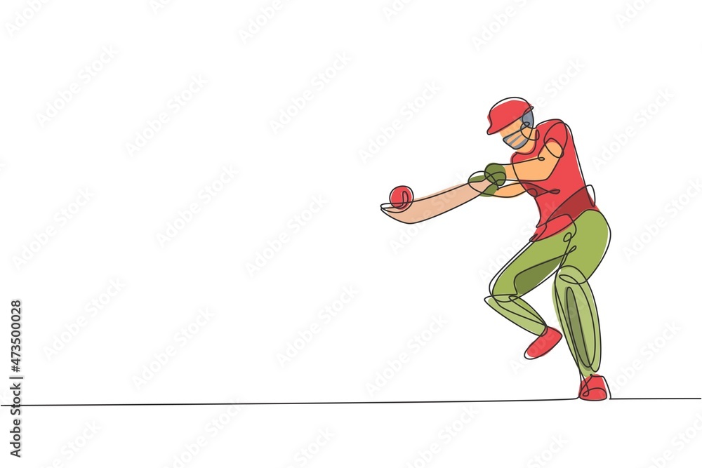 One continuous line drawing of young happy man cricket player focus to hit the ball hard vector illustration. Competitive sport concept. Dynamic single line draw design for sport advertisement poster