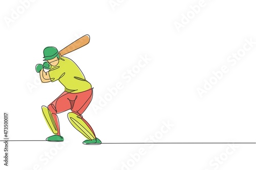One single line drawing of young energetic man cricket player stance standing to practice hit ball vector illustration. Sport concept. Modern continuous line draw design for cricket competition banner © Simple Line