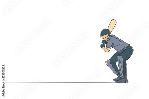 One continuous line drawing of young man cricket player stance standing to receive the ball from pitcher vector illustration. Sport concept. Dynamic single line draw design for advertisement poster photo