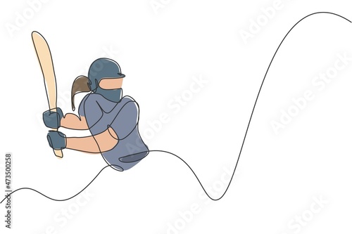 One continuous line drawing of young happy woman cricket player practice to hit ball seriously vector illustration. Competitive sport concept. Dynamic single line draw design for advertisement poster