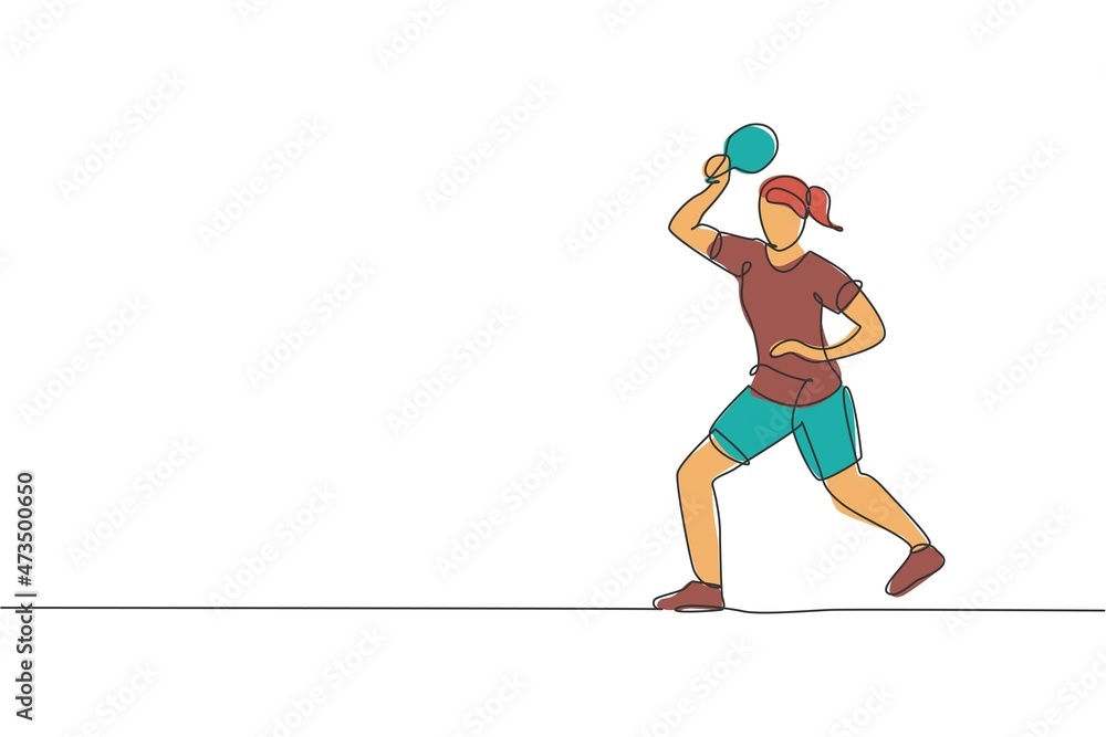 One continuous line drawing of young woman table tennis player turn the ball back to rival. Competitive sport concept. Single line draw design vector illustration for ping pong championship poster