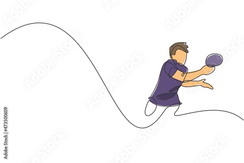 One single line drawing of young energetic man table tennis player hold the ball rival vector illustration. Sport training concept. Modern continuous line draw design for ping pong tournament banner