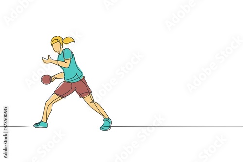 Single continuous line drawing of young agile woman table tennis player serve the ball. Sport exercise concept. Trendy one line draw design vector illustration for ping pong tournament promotion media © Simple Line