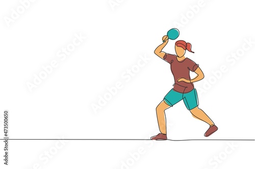 One continuous line drawing of young woman table tennis player turn the ball back to rival. Competitive sport concept. Single line draw design vector illustration for ping pong championship poster