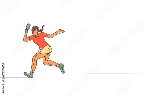 One single line drawing of young energetic woman table tennis player run to catch ball vector illustration. Sport training concept. Modern continuous line draw design for ping pong tournament banner