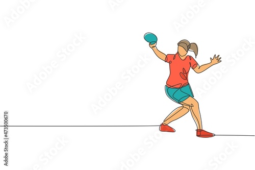 One continuous line drawing of young sporty woman table tennis player hit the ball. Competitive sport concept. Single line draw design graphic vector illustration for ping pong championship poster