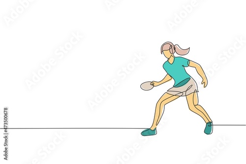 Single continuous line drawing of young agile woman table tennis player hold the ball. Sport exercise concept. Trendy one line draw design vector illustration for ping pong tournament promotion media