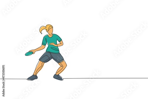One single line drawing young energetic woman table tennis player hit the ball vector graphic illustration. Sport training concept. Modern continuous line draw design for ping pong tournament banner © Simple Line