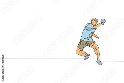 One continuous line drawing of young sporty man table tennis player hold the opponent ball. Competitive sport concept. Single line draw design vector illustration for ping pong championship poster © Simple Line